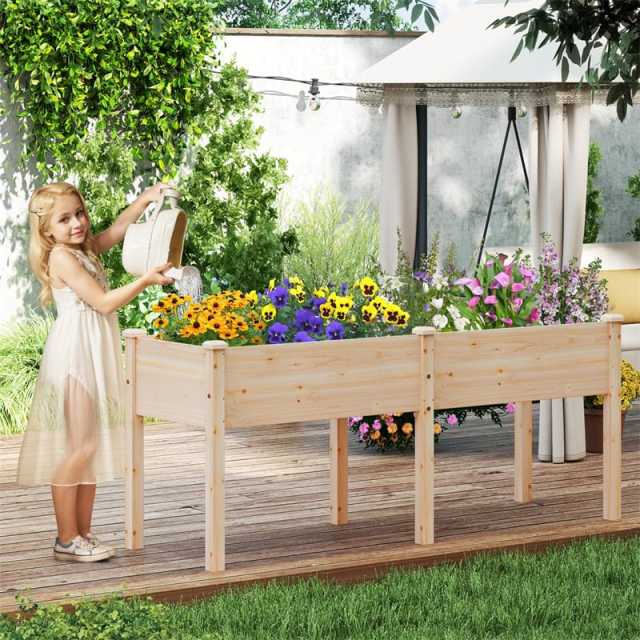 Wood Raised Garden Bed with 6 Legs, Divider Panel & Drainage, Elevated Planter Box for Vegetables, Flowers, 73x23x30 Inch