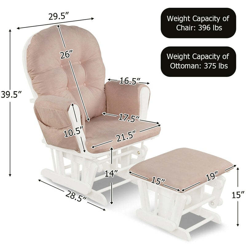 Wood Nursery Glider Chair & Ottoman Set, Upholstered Glider Rocker with Padded Cushion, Storage Pocket, Modern Rocking Chair for Nursery