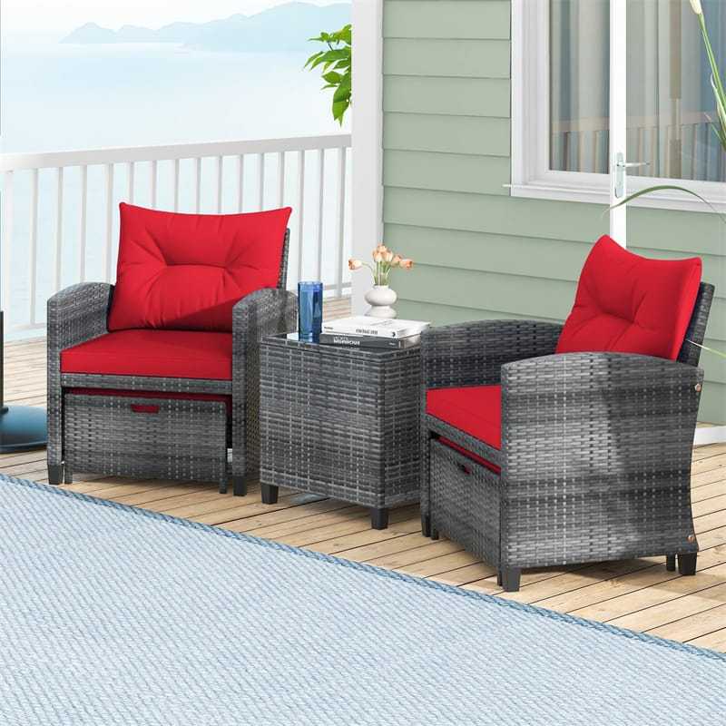 5-Piece Patio Rattan Furniture Set, Wicker Cushioned Chairs with 2 Ottomans & Tempered Glass Coffee Table for Backyard, Lawn, Poolside, Deck