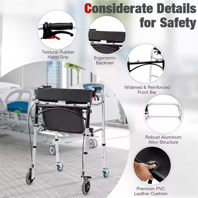 4-in-1 Folding Rollator Walker for Seniors with Seat, Wheels & Brakes, Height Adjustable Stand-Up Walker 350lbs Medical Walking Mobility Aid for Adult