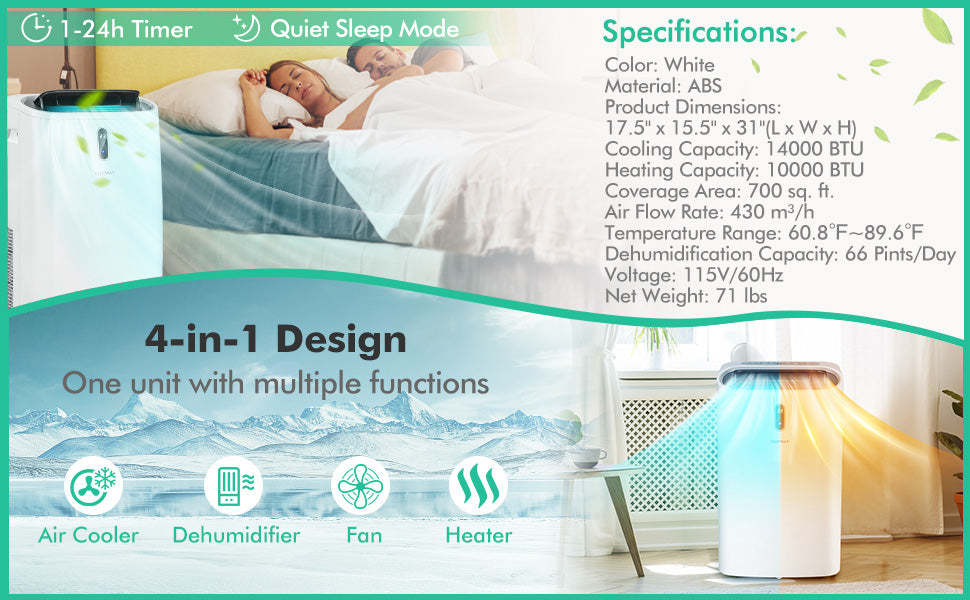 14000 BTU Portable Air Conditioner with Dehumidifier & WiFi Smart App Control