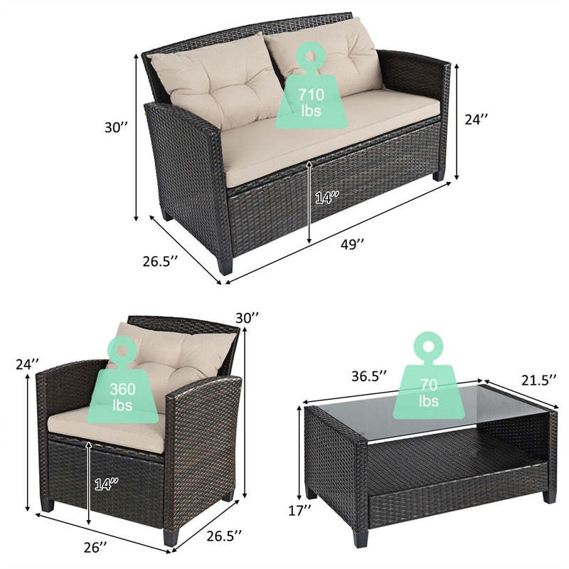 4-Piece Outdoor Rattan Furniture Set Patio Cushioned Conversation Set Wicker Sectional Sofa with Loveseat Chair & Shelf Glass Coffee Table