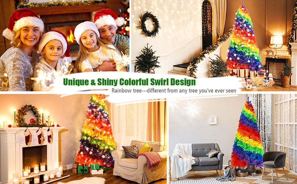 7FT Colorful Rainbow Full Fir Hinged Christmas Tree with Metal Stand