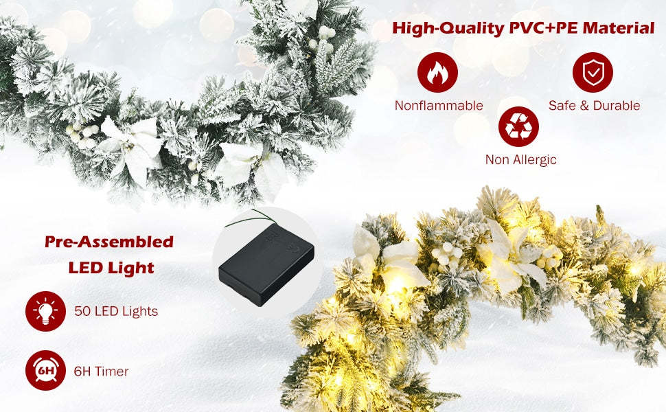 9ft Pre-Lit Snow Flocked Artificial Christmas Garland with 50 LED Lights