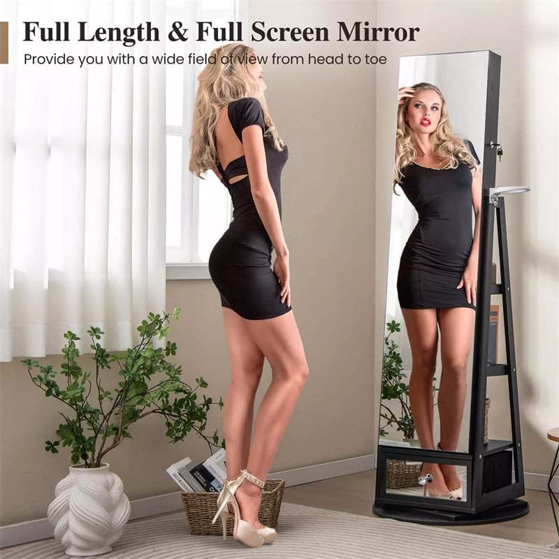 360° Swivel Jewelry Cabinet Armoire, Full-Length Mirror with LED Lockable Jewelry Organizer, Hairdryer Holder, Drawer, Rear Storage Shelves