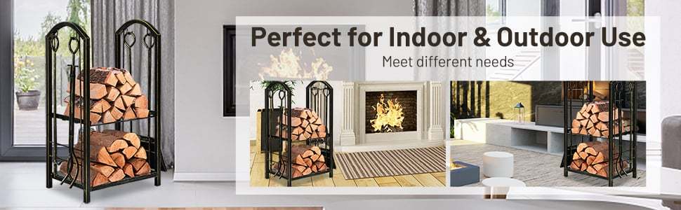 Firewood Rack with 4 Fireplace Tools Set, Wrought Iron Log Rack Wood Storage Firewood Holder for Outdoor Indoor