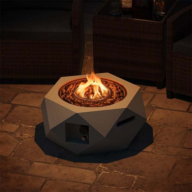28" Propane Fire Pit Table, 40,000 BTU Hexagon Terrazzo Gas Fire Pit with Stainless Steel Burner, Lava Rocks, Protective Cover & Tank Seat for Patio