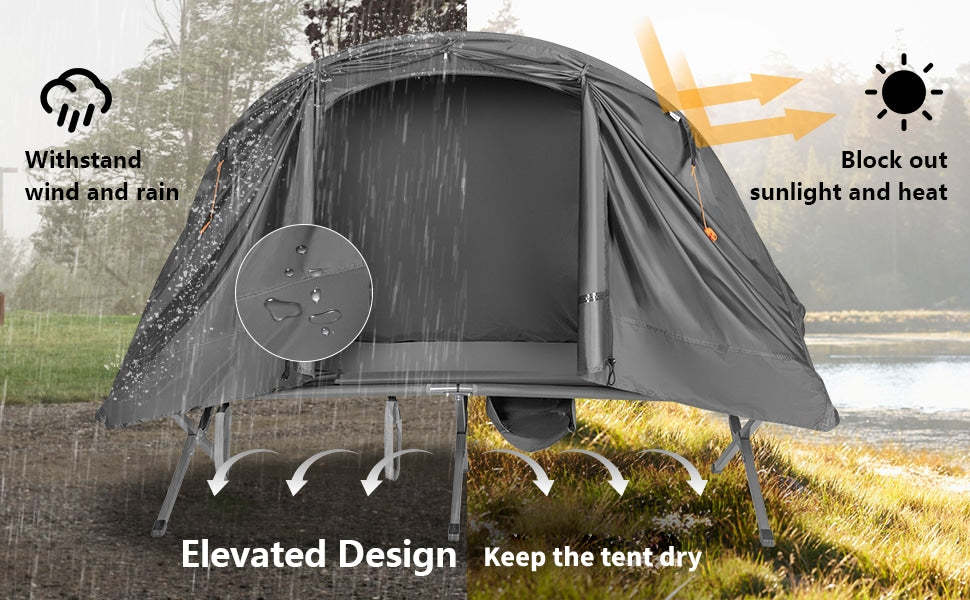 1-Person Cot Tent 4-in-1 Outdoor Camping Cot Foldable Elevated Tent Set with Waterproof Cover Air Mattress & Carrying Bag