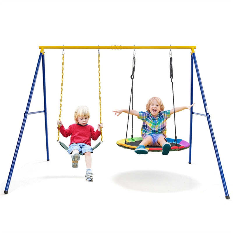 660lbs Heavy Duty Metal A-Frame Swing Set Extra Large Swing Stand with 2 Saucer Swings, Ground Stakes, Adjustable Ropes for Indoor Outdoor