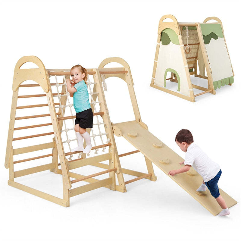 Wooden Indoor Playground 7-in-1 Kids Indoor Jungle Gym with Reversible Slide, Climbing Net, Removable Play Tent, Montessori Climbing Toys for Toddlers