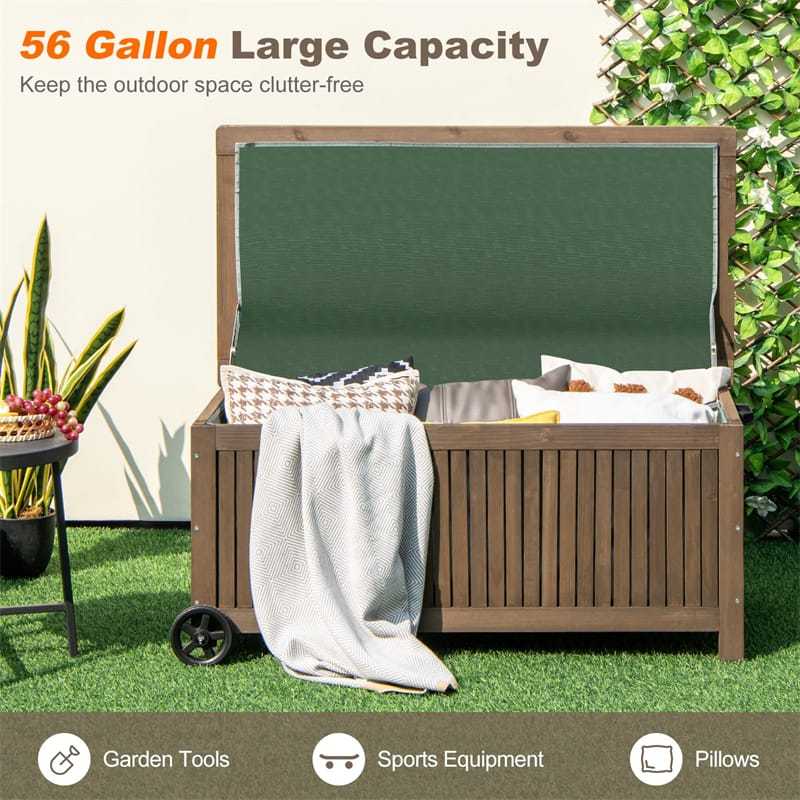 56 Gallon Fir Wood Deck Box Outdoor Storage Box Wooden Patio Storage Bench with Wheels & Removable Waterproof PE Liner for Pillows Garden Tools