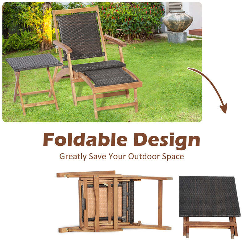 2Pcs Acacia Wood Folding Wicker Patio Lounge Chair Side Table Set with Retractable Footrest