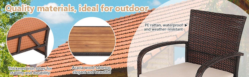 4PCS Patio Rattan Furniture Set Outdoor Conversation Set with Acacia Wood Coffee Table & Cushions