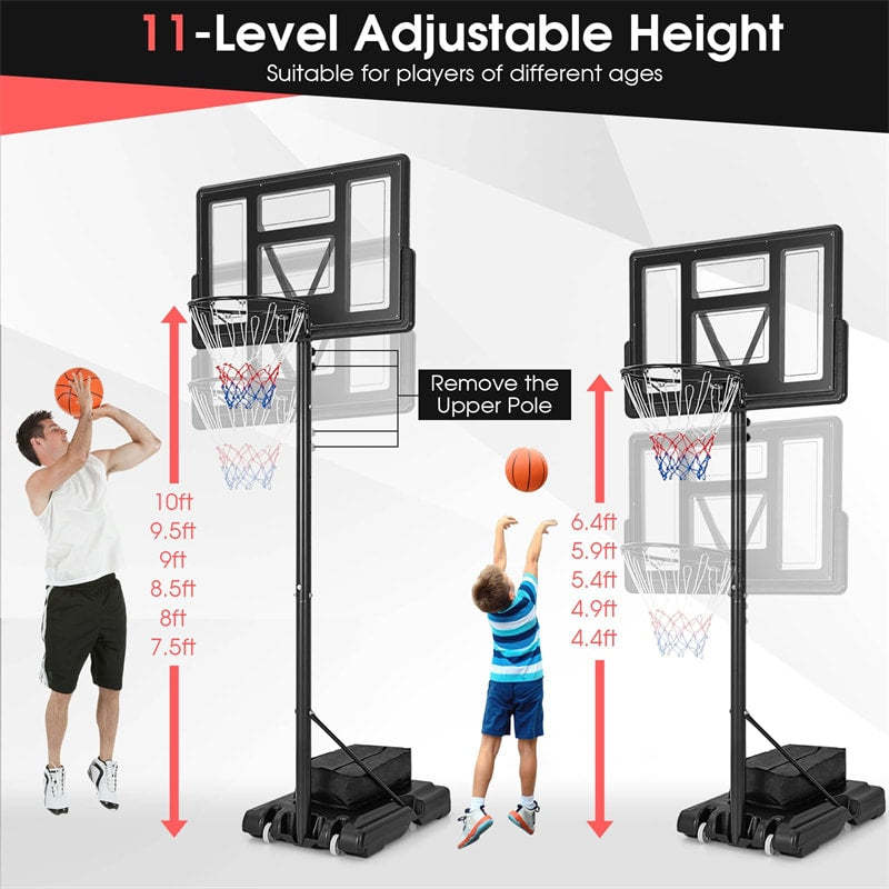 4.4-10FT Adjustable Basketball Hoop, Portable Basketball Goal System with 44" Shatterproof Backboard, Fillable Base, Weight Bag for Indoor Outdoor Use