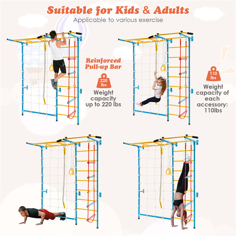 7-in-1 Kids Indoor Jungle Gym, Steel Swedish Wall Ladder Set with Pull-Up Bar, Rope & Gymnastic Rings, Home Climber Ladder Playground for Boys Girls