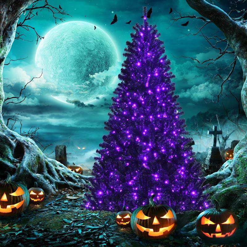 7FT Pre-Lit Black Christmas Tree with 500 Purple LED Lights, 1096 Branch Tips & Metal Stand, Hinged Artificial Halloween Tree for Holiday Decor