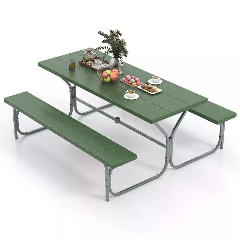 6FT Picnic Table & Bench Set for 8-Person, Heavy Duty Weather-Resistant Outdoor Dining Table with Umbrella Hole HDPE Tabletop & Built-in Benches
