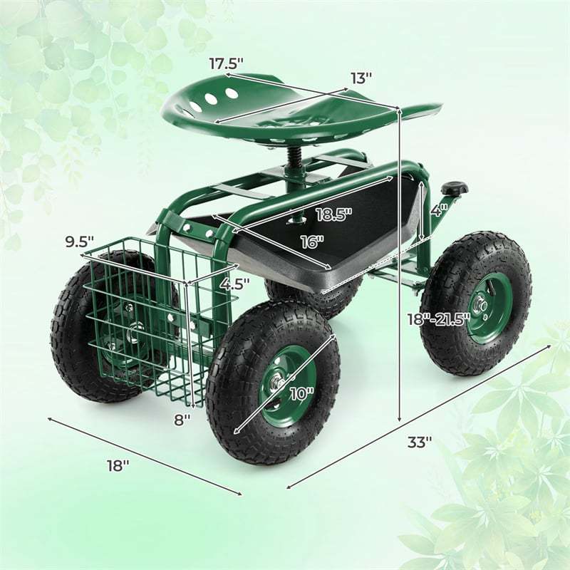 Rolling Garden Cart with 360° Swivel Seat, Tool Tray & Basket, Height Adjustable Gardening Workseat on Wheels, Patio Wagon Scooter for Planting