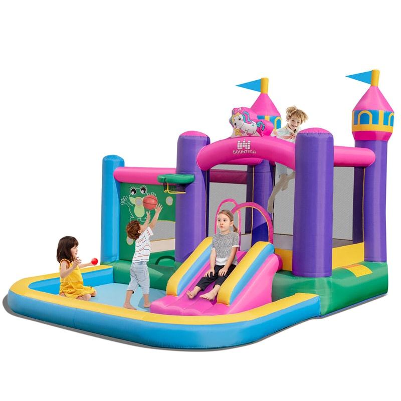 Inflatable Bounce House, 6-in-1 Unicorn Jumping Bouncy Castle with Slide, 2 Ball Pits & Basketball Rim for Kids Indoor Outdoor Fun, Birthday Gift
