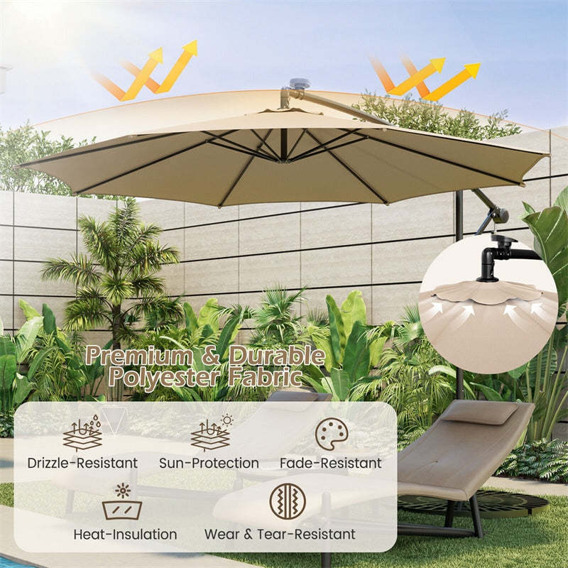 10FT Solar Lighted Cantilever Patio Umbrella Outdoor Offset Umbrella with 112 Solar Lights 8 Ribs Crank Tilt Adjustment