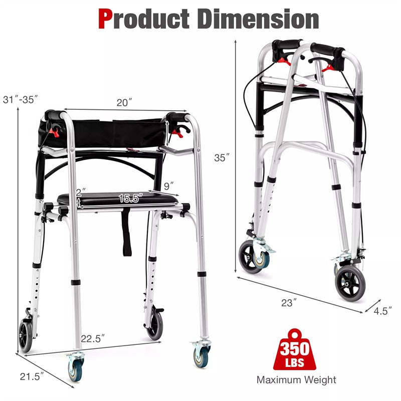 4-in-1 Folding Rollator Walker for Seniors with Seat, Wheels & Brakes, Height Adjustable Stand-Up Walker 350lbs Medical Walking Mobility Aid for Adult