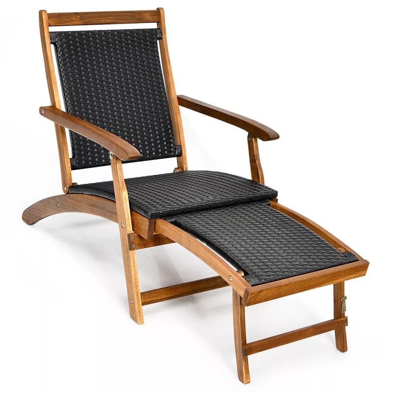 Set of 2 Acacia Wood Patio Folding Rattan Chaise Lounges with Retractable Footrest, Outdoor Deck Lounge Chairs for Backyard, Garden, Poolside