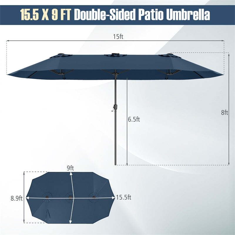 15.5FT Extra Large Patio Umbrella with 144 Solar LED Lights & Crank Handle, 12 Heavy-Duty Ribs Double-Sided Market Umbrella for Deck, Poolside
