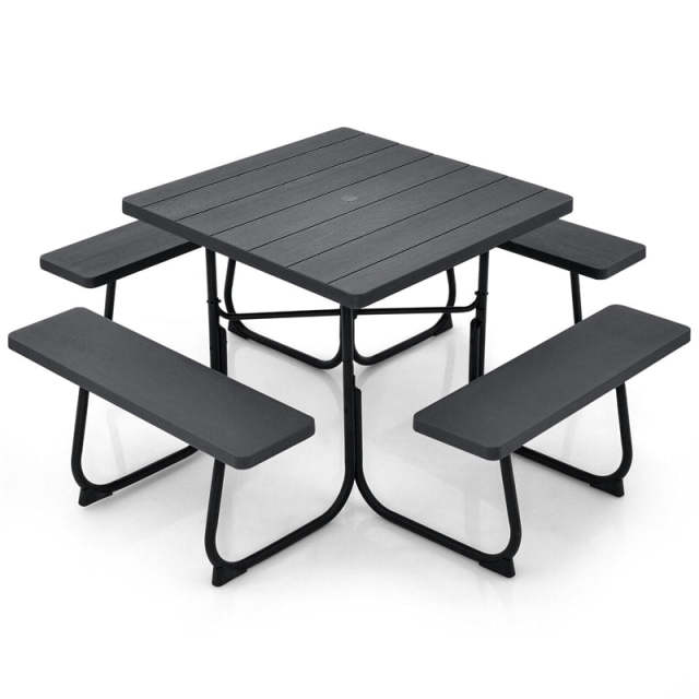 8-Person Picnic Table Set, Square Outdoor Table with 4 Built-in Benches, Umbrella Hole, HDPE Top, Metal Frame, 500LBS Capacity for Garden Patio