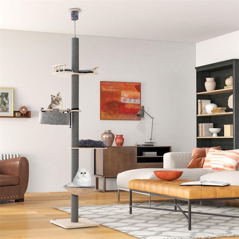 Floor to Ceiling Cat Tree Tower 5 Tier Wooden Cat Climbing Pole 93”-107” Adjustable Height with Scratching Post, Cozy Hammock & Basket Bed