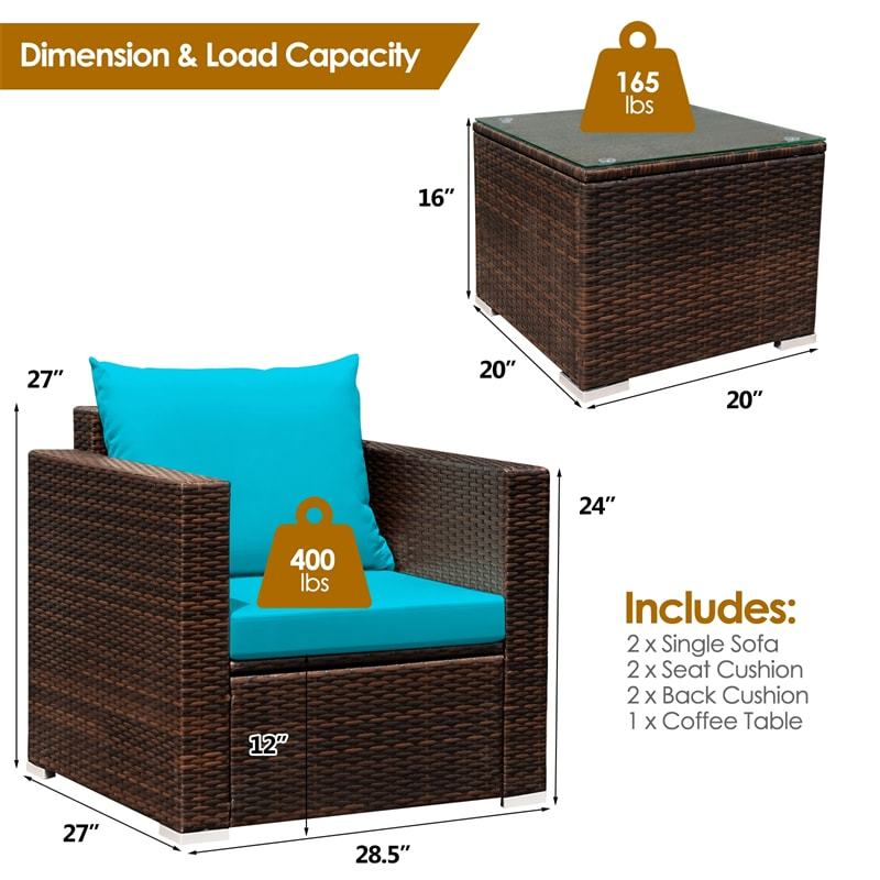 3 Piece Patio Conversation Set, Outdoor Rattan Sofa Furniture Set with Washable Cushions & Tempered Glass Coffee Table for Poolside Backyard