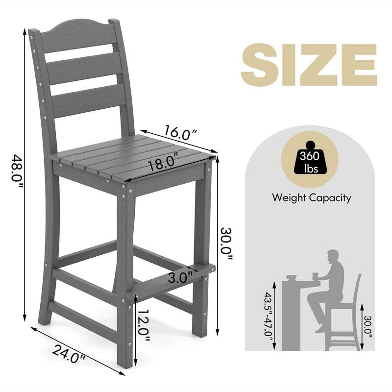 Outdoor HDPE Bar Stool, 30" Tall All Weather Patio Bar Chair with Backrest & Footrest for Garden, Backyard, Easy Maintenance