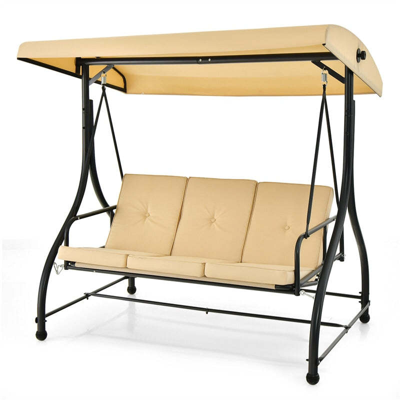 2-in-1 Convertible Patio Swing with Adjustable Canopy & Removable Cushions, Steel Frame 3-Person Outdoor Swing Bed for Deck/Backyard/Garden