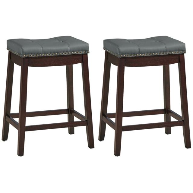 Set of 2 Saddle Seat Bar Stools, 24" Backless Counter Height Barstools with Cushions, Rubber Wood Legs & Footrests for Home Kitchen Living Room