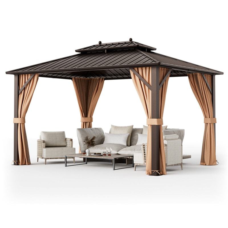 10' x 13' Hardtop Gazebo Galvanized Steel Double Roof Patio Gazebo Aluminum Frame Permanent Pavilion Gazebo with Netting & Curtains