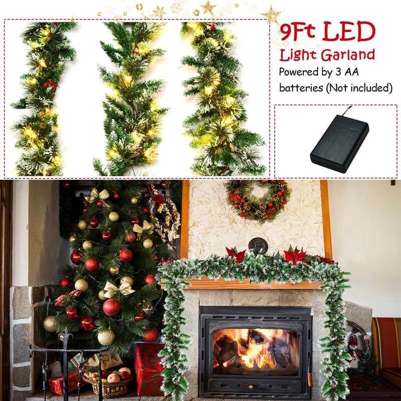 9FT Pre-lit Snow Flocked Tips Christmas Garland with Red Berries 50 Lights