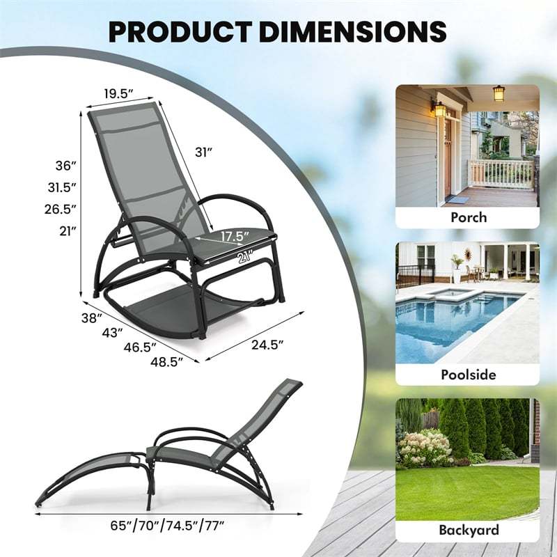 2-in-1 Outdoor Rocking Chair, Convertible Patio Lounge Chair with 4-Position Adjustable Backrest, Curved Armrests & Aluminum Frame for Poolside, Porch