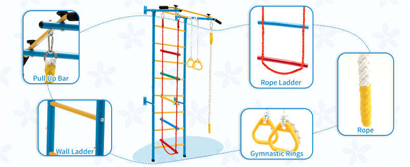5-in-1 Climbing Toys Toddlers Kids Indoor Jungle Gym Steel Swedish Ladder Wall Set with Pull-up Bar & Gymnastic Rings