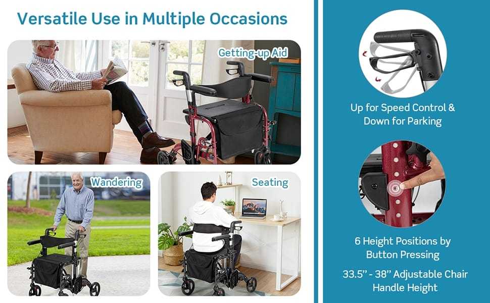 2-in-1 Folding Rollator Walker for Seniors with Seat, 8" Wheel Medical Walker Transport Wheelchair, Height Adjustable Handle, Mobility Aid