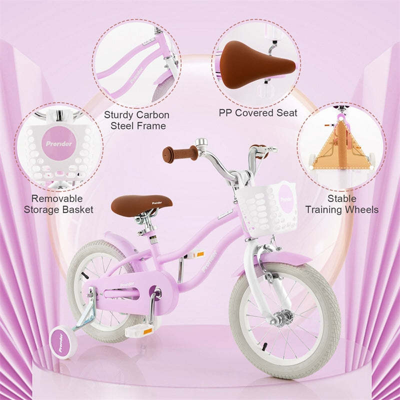 14" Kids Bike, Toddler Bicycle Girls Boys Bike for 3-8 Years Old with Training Wheels Adjustable Seat Removable Basket