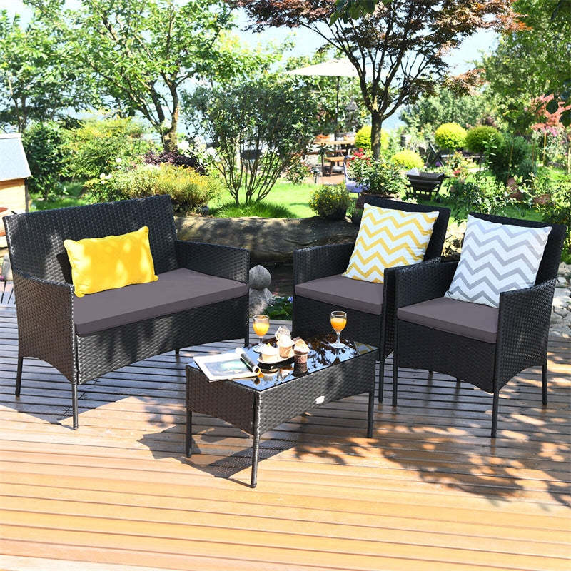 4 PCS Outdoor Wicker Conversation Set Rattan Loveseat Chair with Coffee Table & 6 Seat Cushion Covers