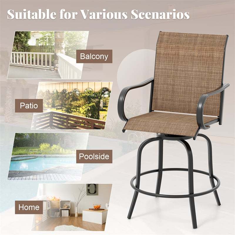 Swivel Outdoor Bar Stools Set of 2 All-Weather Steel Frame Bar Height Patio Chairs High Back with Curved Armrests