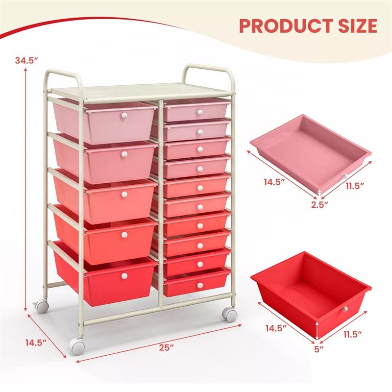 15-Drawer Rolling Storage Cart, Art &  Craft Organizer with Wheels & Removable Drawers for Tools, Scrapbook Paper, Home Office School