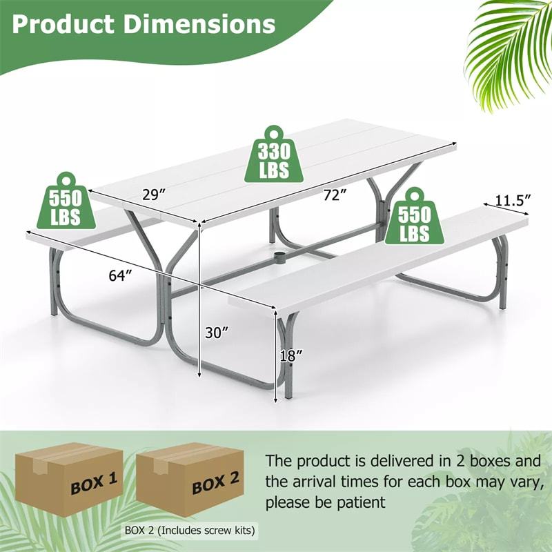 6FT Picnic Table & Bench Set for 8-Person, Heavy Duty Weather-Resistant Outdoor Dining Table with Umbrella Hole HDPE Tabletop & Built-in Benches