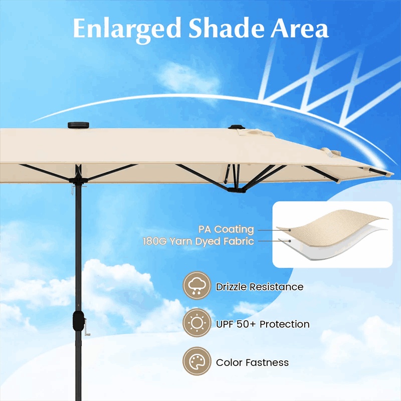 13FT Double-sided Patio Umbrella with Base, 36 Solar LED Lights & Crank Handle, Large Twin Table Umbrella for Poolside, Outdoor Dining