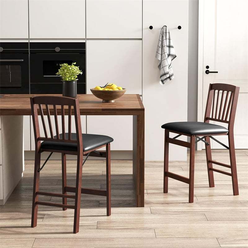 Set of 2 Folding Bar Stools, 24.5" Kitchen Island Counter Height Chairs with Padded Seats, Footrests & Rubber Wood Legs