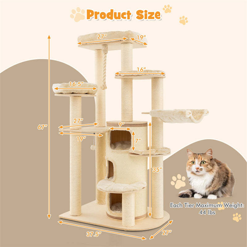 67" Tall Cat Tree, Modern Multi-Level Cat Tower with 3-Story Condo, 2 Perch, Hammock, Sisal Posts & Hanging Play Rope for Large Indoor Cats 20 lbs
