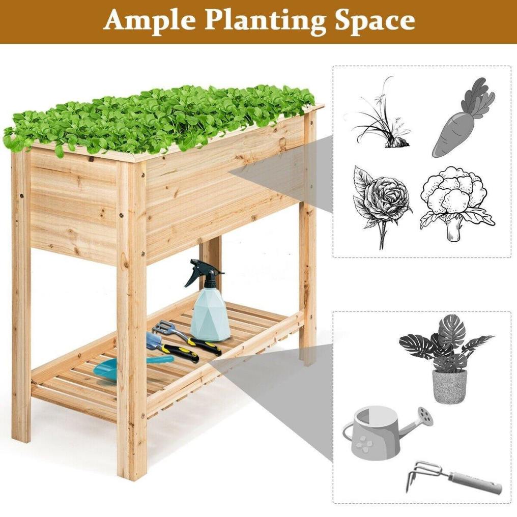 Wooden Outdoor Raised Garden Bed with Storage Shelf he1