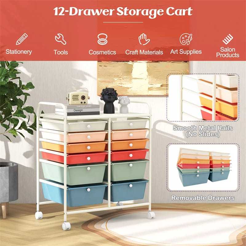 12-Drawer Rolling Storage Cart, Multipurpose Organizer Cart with Lockable Casters, Mobile Utility Cart for School Office Beauty Salon