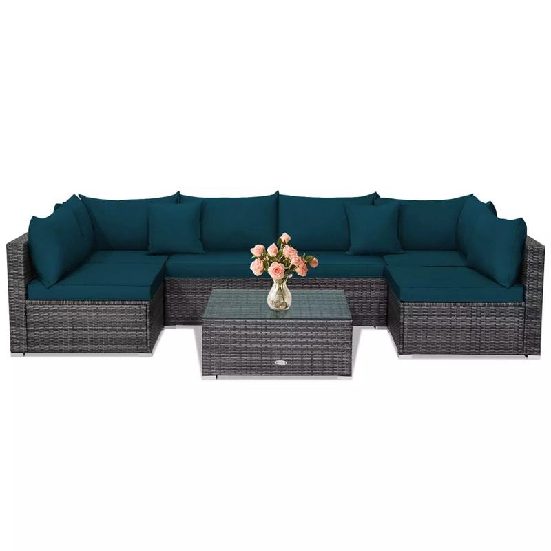 7PCS PE Rattan Modular Outdoor Sectional Set with Tempered Glass Top Table & Cushions, Patio Sofa Furniture for Backyard, Poolside Garden