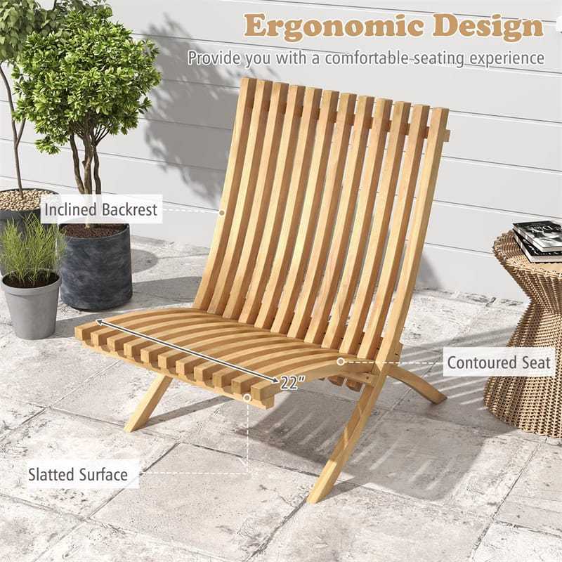 Folding Patio Chair, Teak Wood Low Profile Lounge Chair with Slatted Seat & Backrest, Fire Pit Chair for Porch, Balcony, Garden, Yard